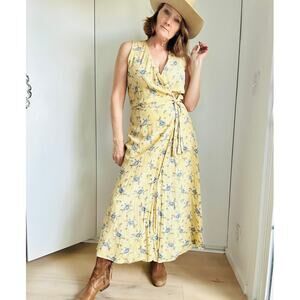 Vintage Gap Boho Dress Yellow Floral Print Midi Cottagcore Size Sm Wrap